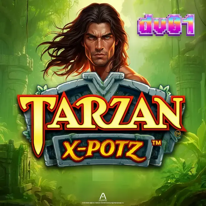 Tampilan visual slot Tarzan X-Potz dengan latar belakang hutan dan simbol karakter.